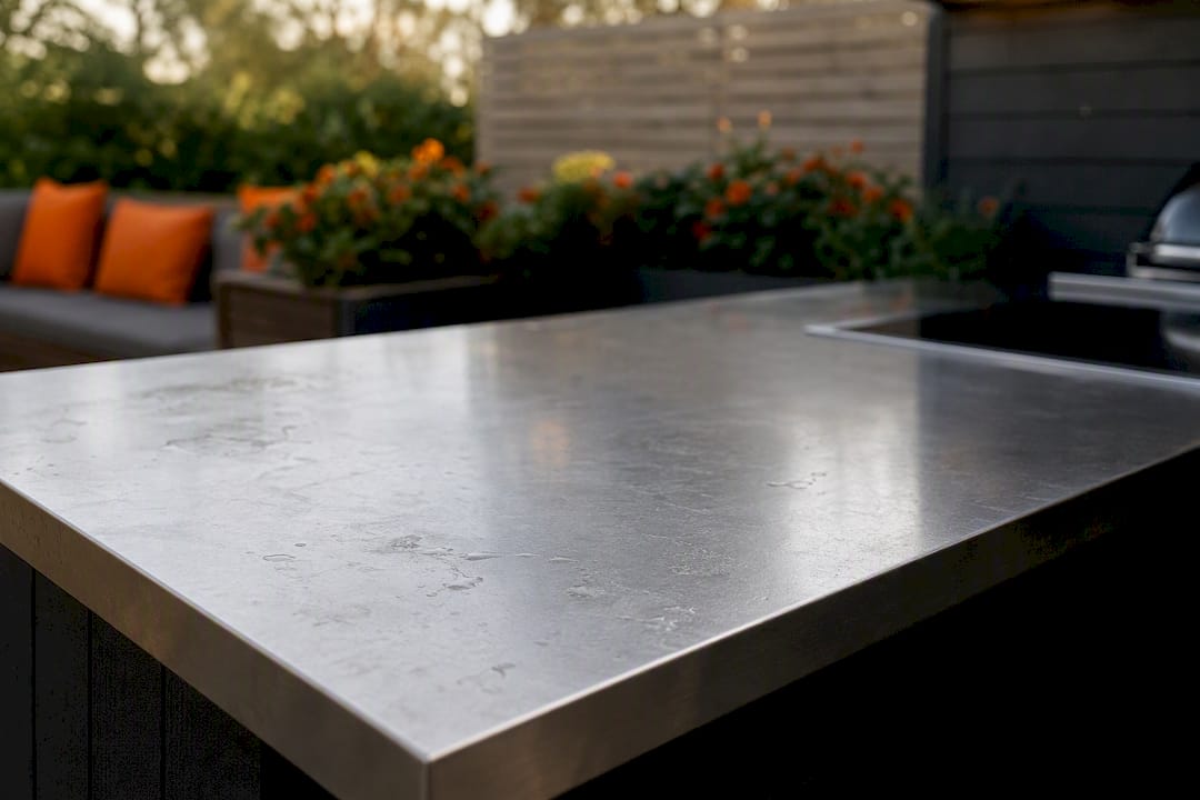 Close-up of stainless steel outdoor kitchen worktop